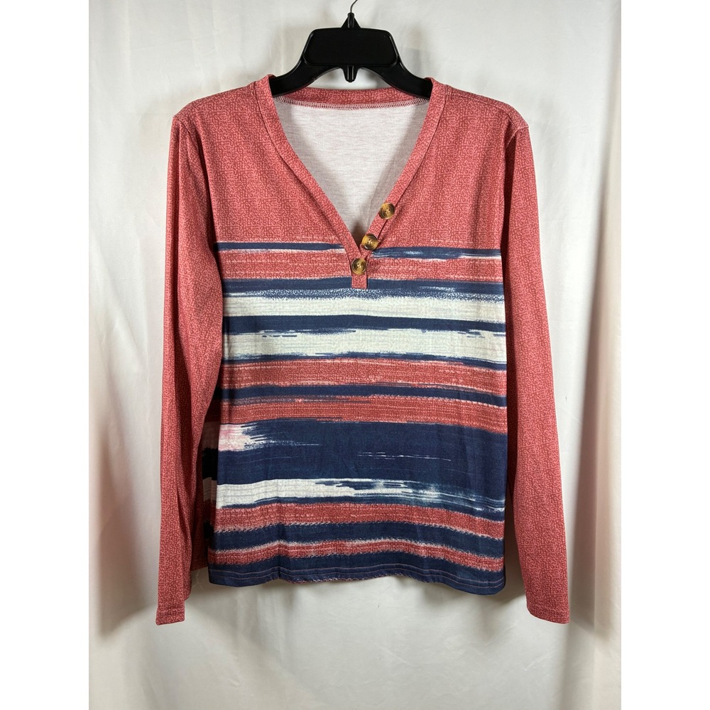 Womens Red Navy Striped Henley Long Sleeve V-Neck Button Top Size L